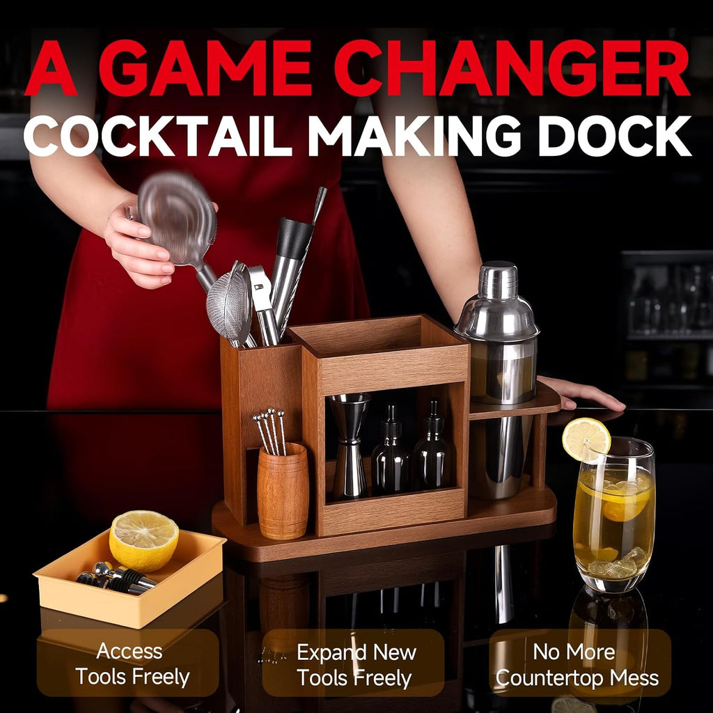 Cocktail Making Dock, 23-Piece Cocktail Shaker Set with Versatile Wooden Stand, Easy Access Stainless Steel Bartender - Set of 23
