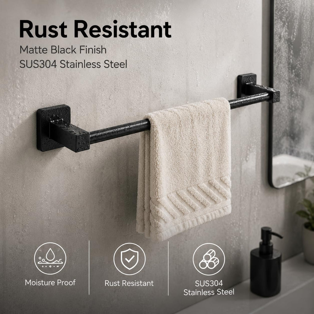 Matte Black Bathroom Hardware Set 4 Pieces, Towel Bar Set Stainless Steel Wall Mounted, Includes 16In Hand Towel Bar