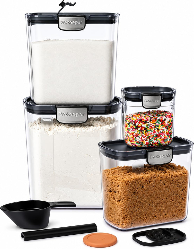 8-Piece Airtight Food Storage Container Set - Clear Plastic Flour and Sugar Canister Set with Magnetic Accessories