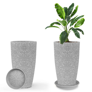 Tall Flower Pot Indoor - Outdoor Plant Pot - Gray Rough Planter - Elegant Stone Imitation - 12" Diameter 21" Tall