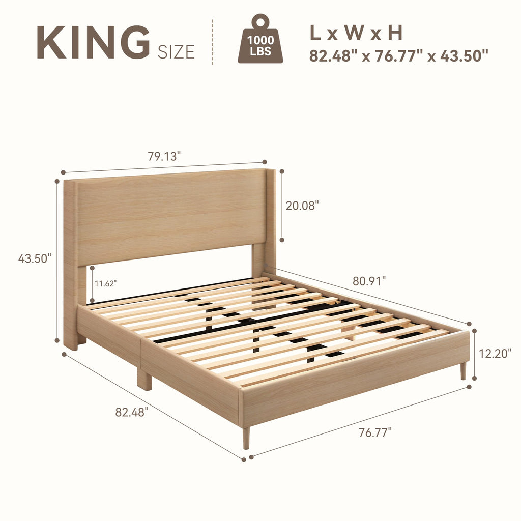 King LED Bed Frame, Faux Leather Natural Oak Grain Printed Finish