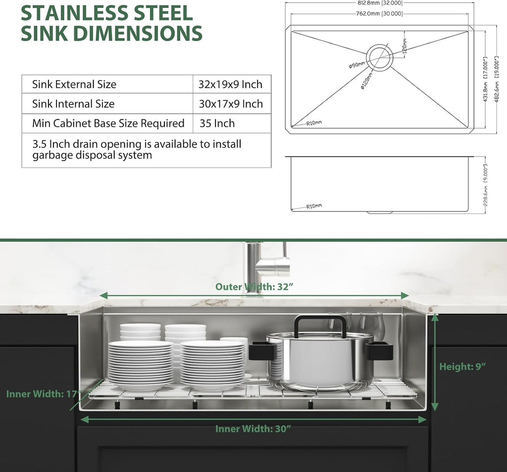 32 Inch Undermount Kitchen Sink Workstation with Accessories | 16 Gague Stainless Steel, Brushed Finish, Single Bowl