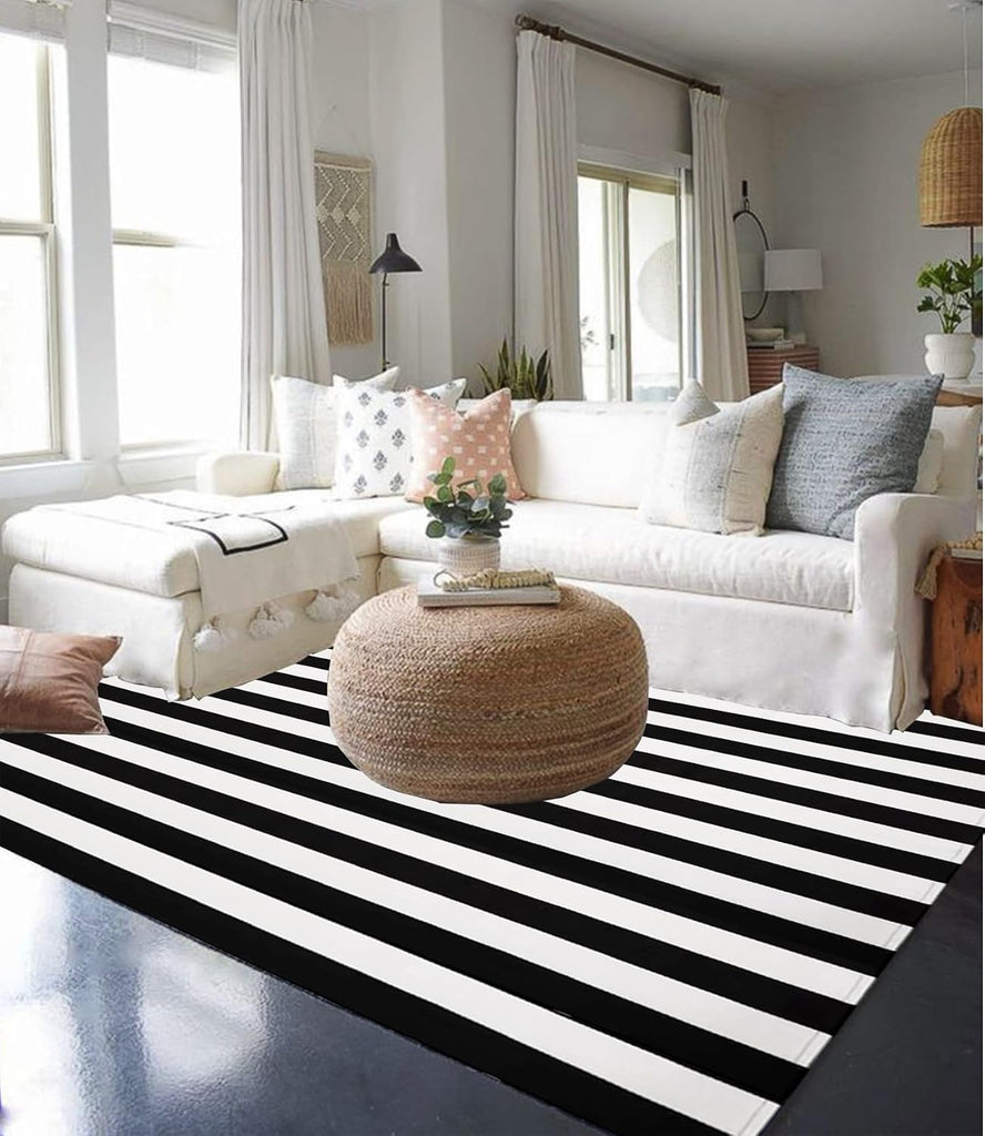 Cotton Black and White Striped Rug 8x10 Reversible Hand-Woven Washable Retro Lattice Striped Outdoor Rugs Black and