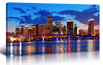 Miami Canvas Wall Decor, Blue Skyline Night View, 20x40 inch Framed