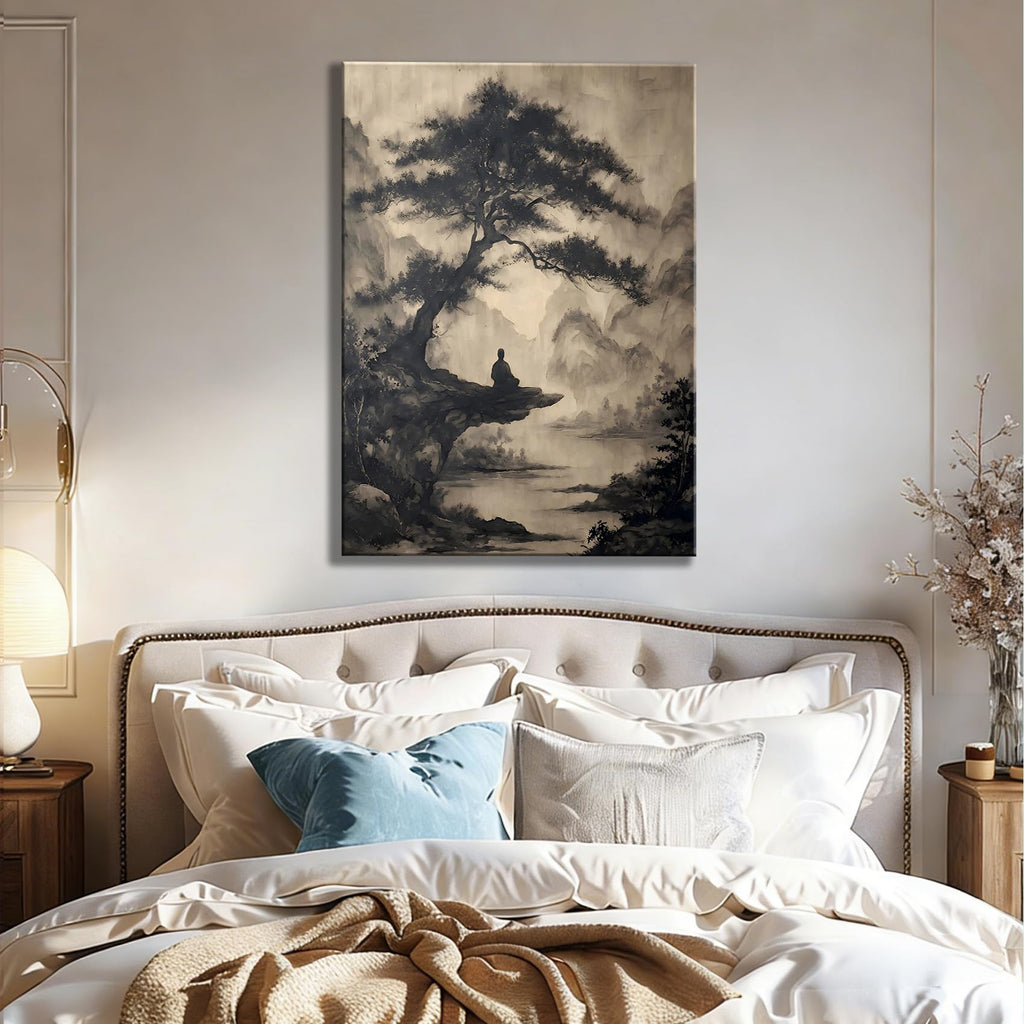 Framed Chinese Ink Meditation Monk Canvas Wall Art, Vintage Pine Mountain Landscape Canvas Prints Pictures, Zen wall