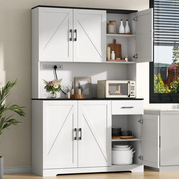 71'' Farmhouse Kitchen Pantry Cabinet, Tall Storage Cabinet with Power Outlet, Freestanding Hutch with Drawer, 4