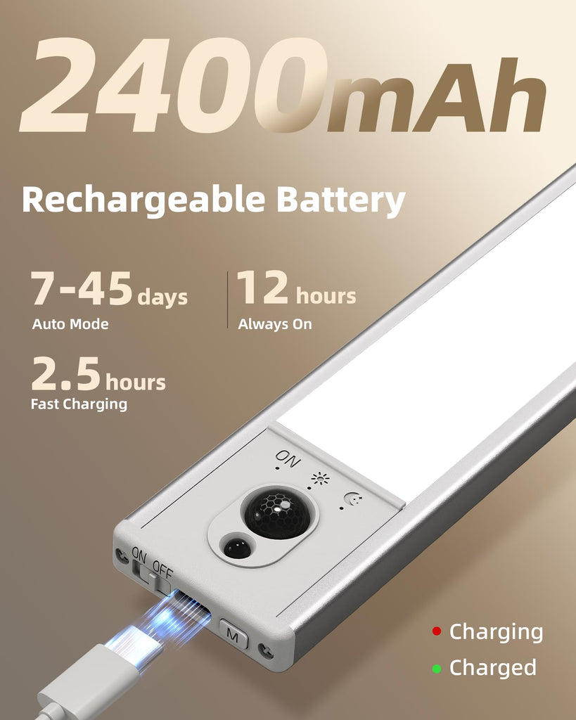 Under Cabinet Lighting, 2400mAh Motion Sensor Light, LED Closet Lights Wireless, 6500K Dimmable, Timer