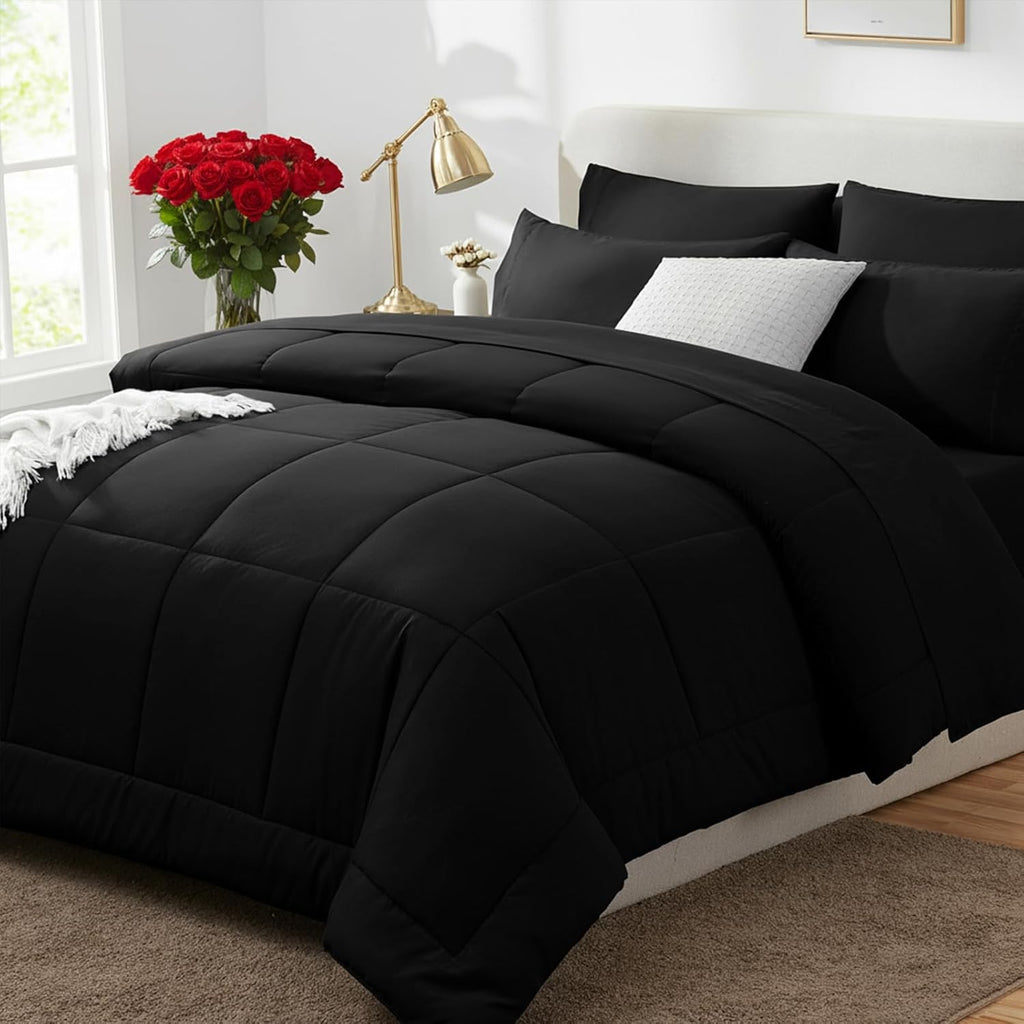 Queen Comforter Set Black, 7 Pieces Bed in a Bag, Black Comforter Queen