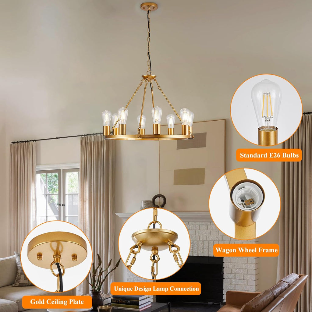 Inspired Camino Style Chandelier - Gold Wagon Wheel Chandelier, 8 Lights Dining Room Light Fixture,23.6" Golden Metal Kitchen Island Lighting Round Pendant Light Hanging Lamp for Foyer Living Room Entryway,Height Adjustable,E26 A105-B0D78CMMRJ