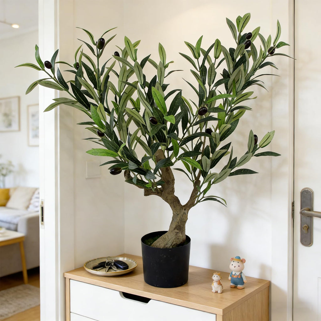 Artificial Olive Potted Tree, 28" Tall Tabletop Fake Olive Tree with Fruits Lifelike Faux Greenery Plants in Pot for