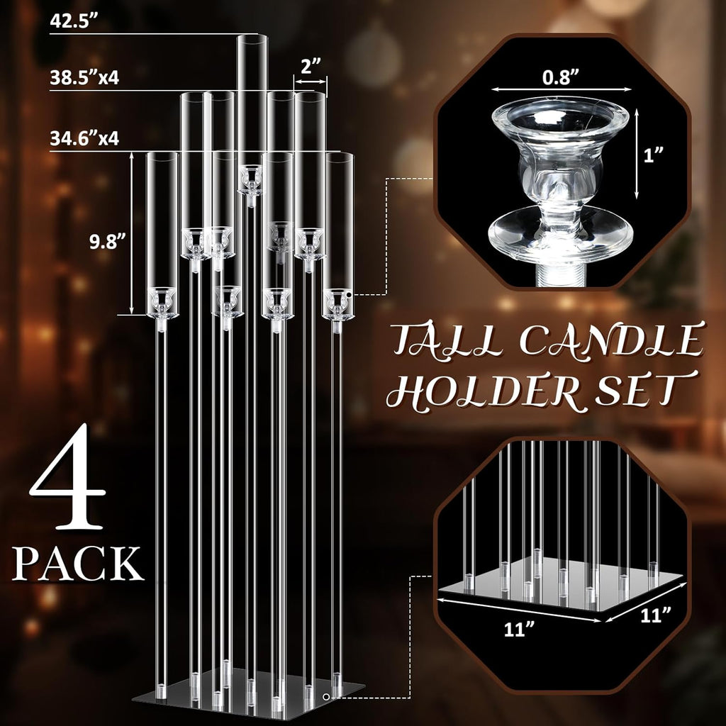 Tessco 4 Set 9 Arm Acrylic Candelabra Candle Holder 42.5'' Clear Candelabra Centerpieces, Candlesticks Holder with