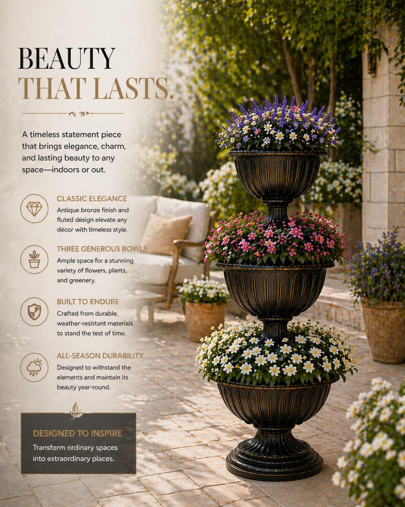 Triple Stacked Flower Bowl Urn Tier Planter for Outdoors, Bronze