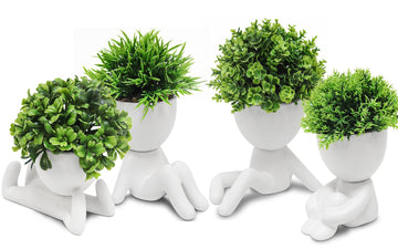 4 Packs Creative Fake Plants Artificial Succulents Plants in Ceramic Human Shaped Pots, Cute Faux Succulents Mini