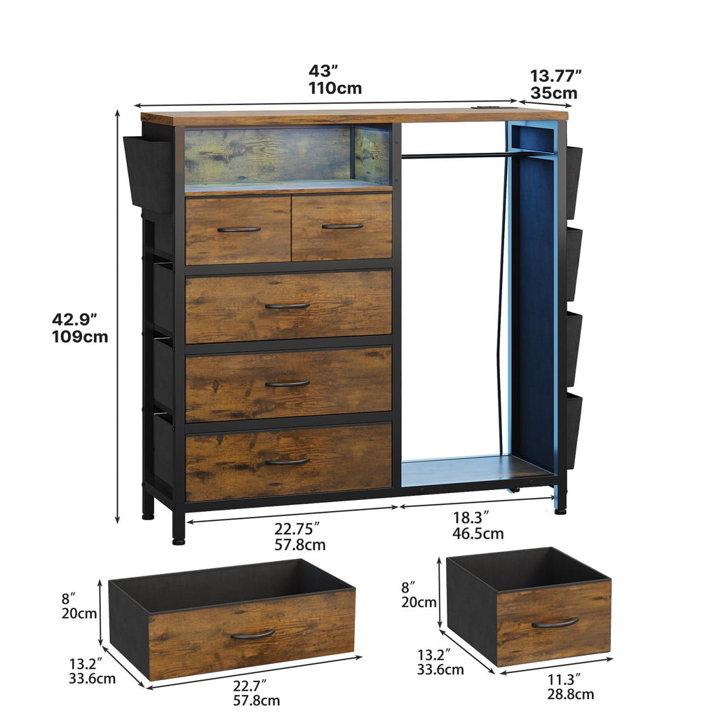 Dresser with Clothes Rack, 5 Drawer Chest with Charging Station & LED