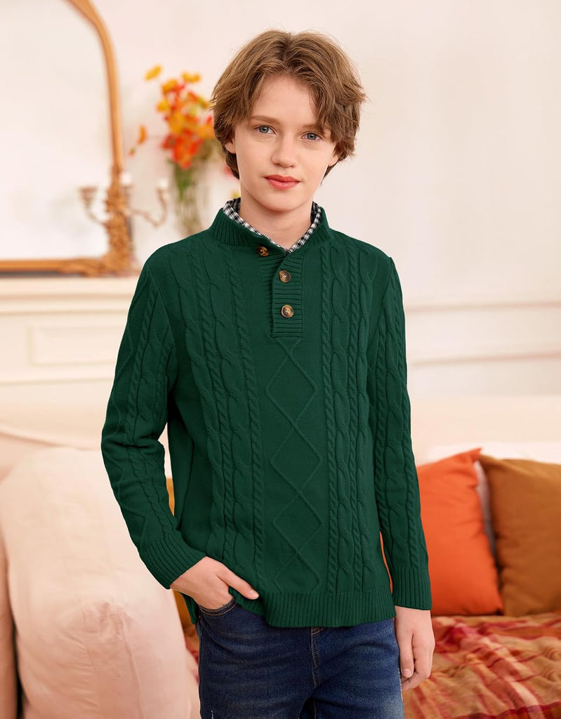 Boys Winter Cable Knit Sweater Mock Neck Button Pullover