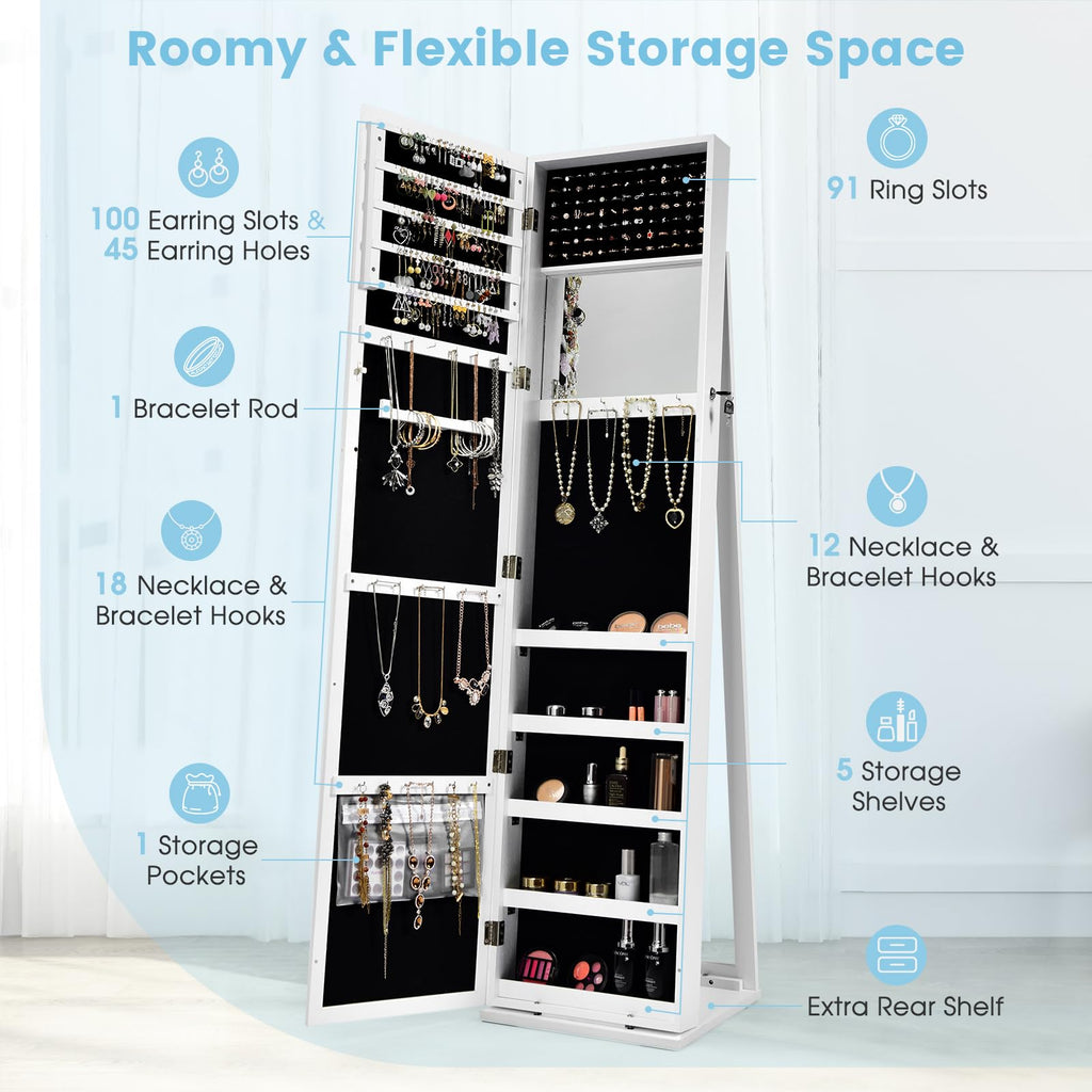 Jewelry Cabinet with Full-length Mirror, Jewelry Storage Organizer with Makeup Mirror, Back Storage Shelf, Lockable