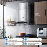 30 Inch Stainless Steel Kitchen Range Hood 450 CFM 3 Speed Gesture & Touch Control, LED Lights, Baffle Filters, Convertible Ducted/Ductless Glass Canopy