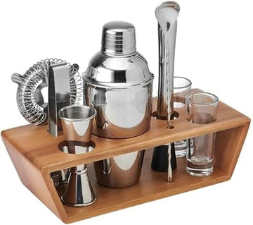 Glenwood Mixology Cocktail Shaker Bartender Stainless Steel with Acacia Wood Stand Bartool Set - Set of 8