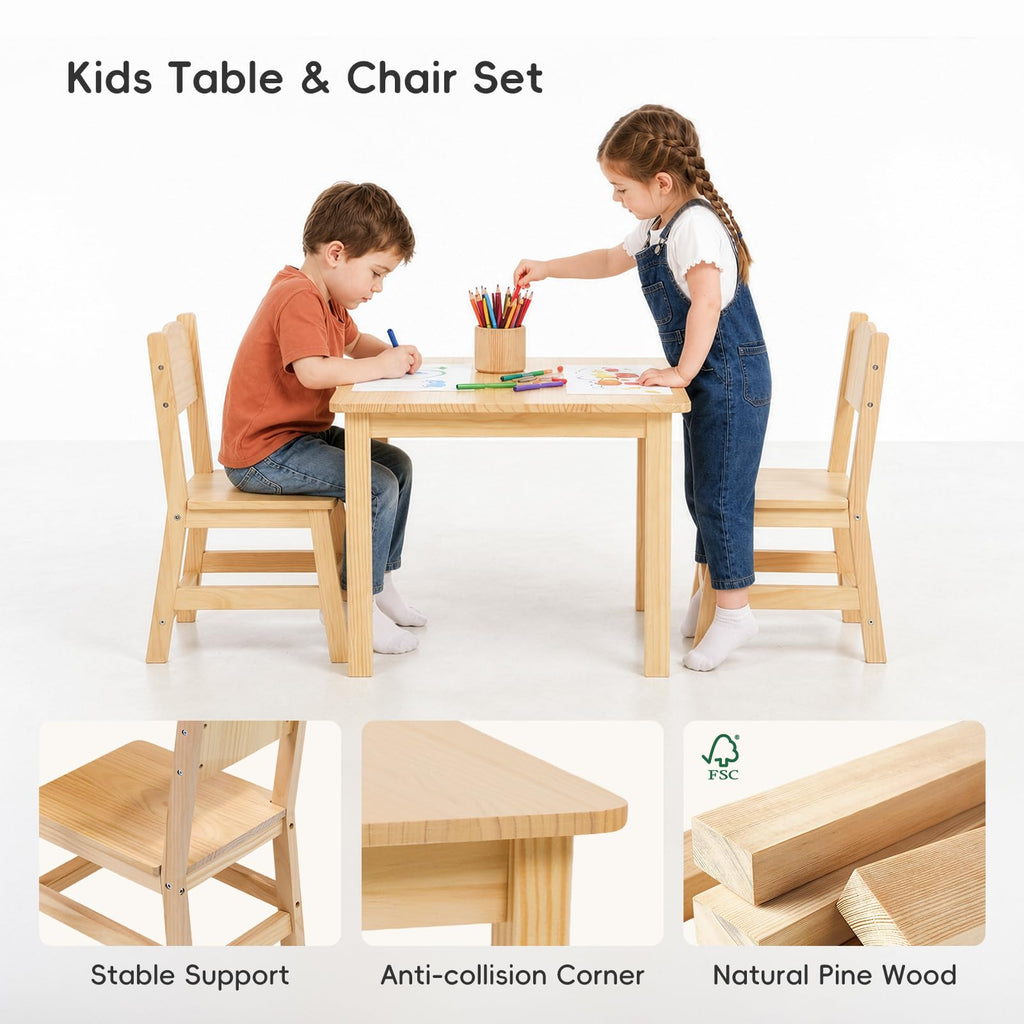 Solid Wood Toddler Table and 2 Chairs Set, Preschool Table