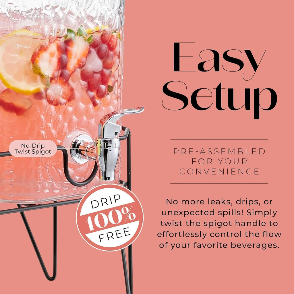 Premium Glass Drink Dispensers with Metal Stand for Parties - Beverage Dispenser Set for Cold Drinks, Lemonade