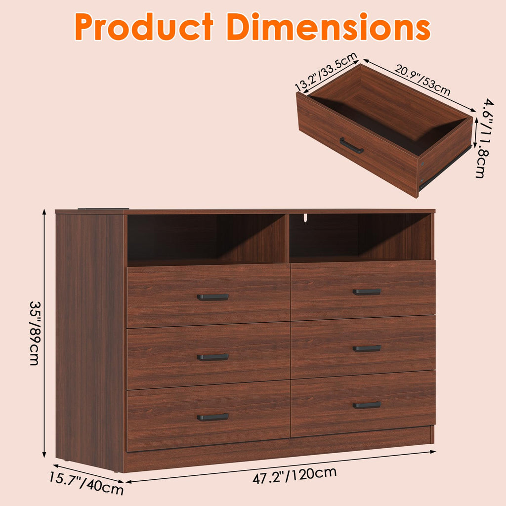 Dresser, 6 Drawer Dresser with Charging Station and Led Light, Modern Chest of Drawers (Walnut Brown)