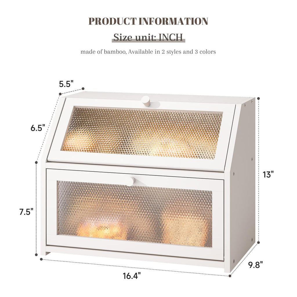 Bread Box - Countertop Bin Double Layer Storage Container Extra Large Capacity Farmhouse with Diamond Pattern Windows (White