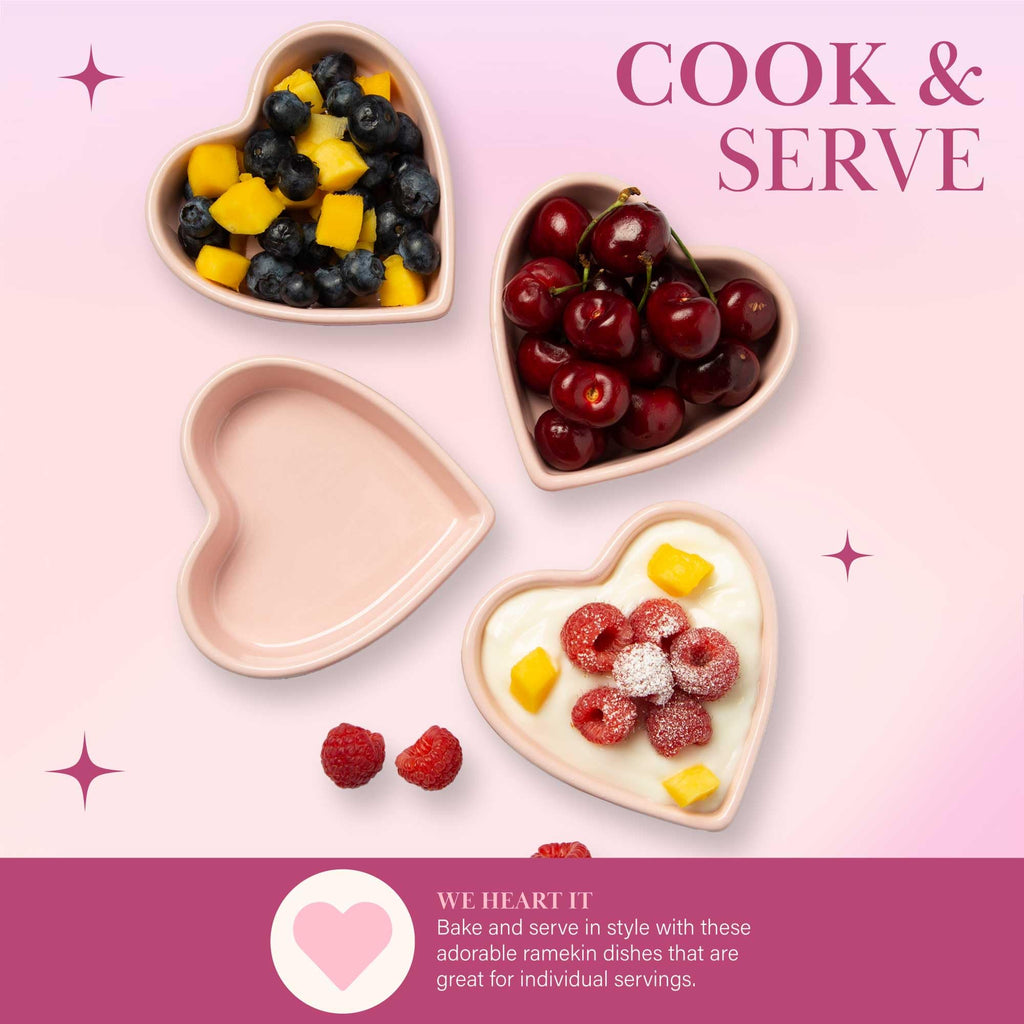 Heart Shaped Ramekin Set, Mini Ceramic, Oven Safe Baking Dishes, Dishwasher Safe, Stoneware Made without PFOA