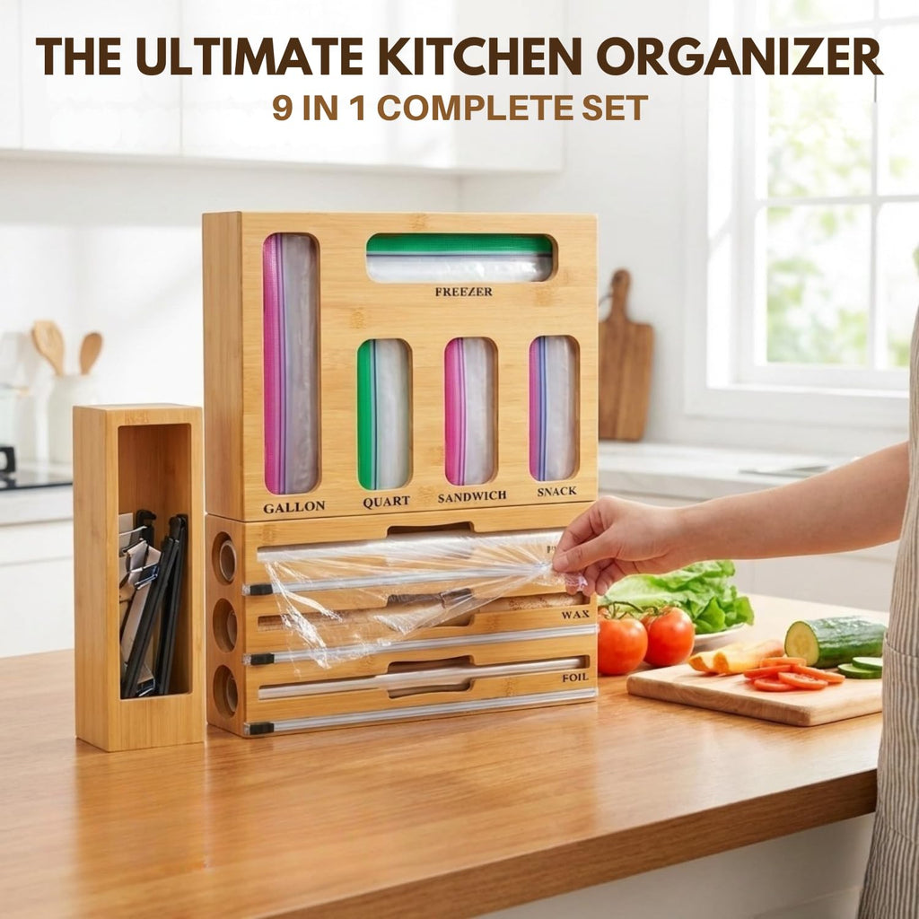 9 in 1 Bamboo Kitchen Drawer Organizer for Storage Bags, Foil & Plastic Wrap Holder with Built-In Cutter, Fits