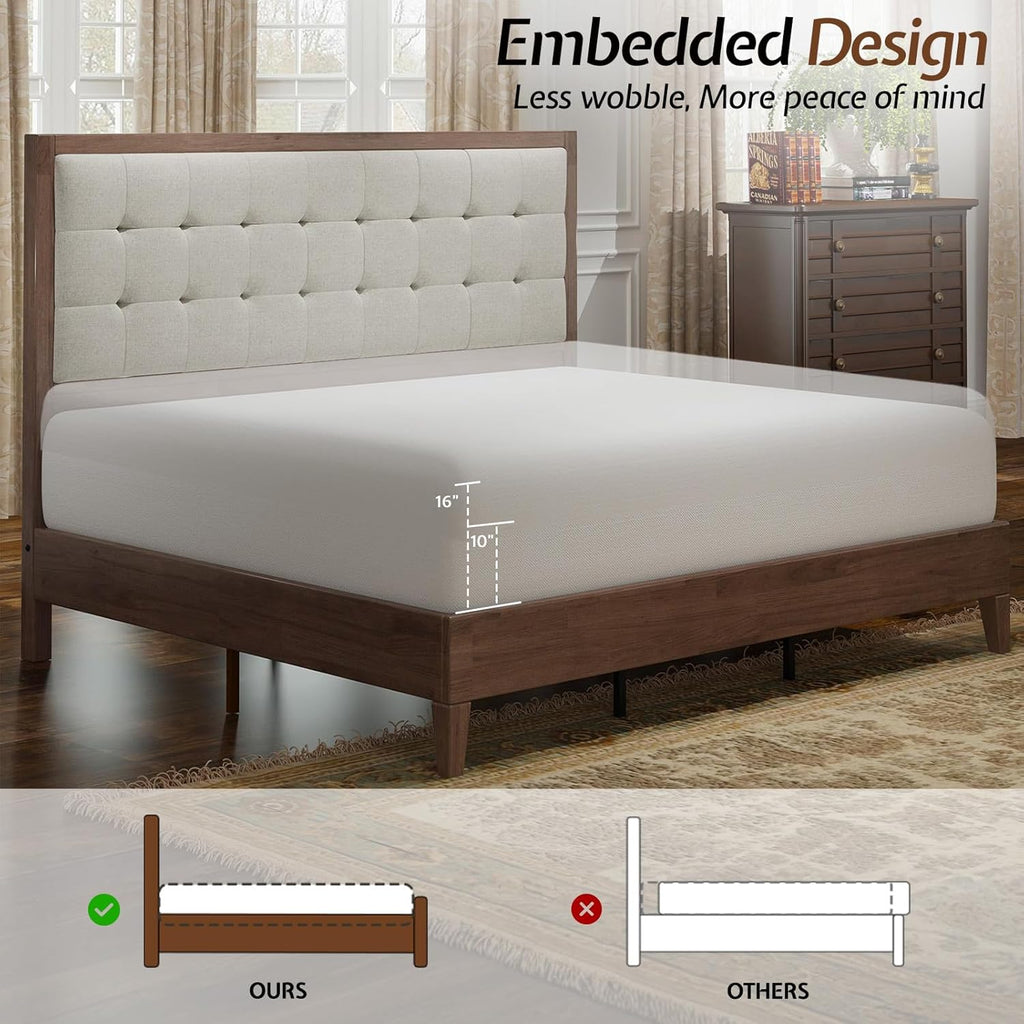 Solid Wood Queen Bed Frame 50.2" Tall Upholstered Headboard, Mid-Century Style, Stable Platform Support, No Box