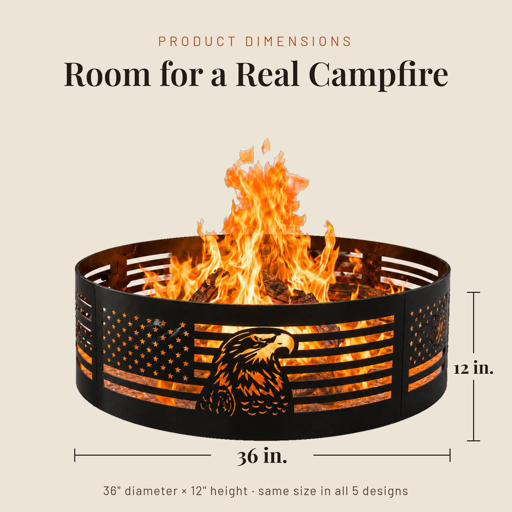 Fire Horse 36 Inch Fire Pit Ring - Wood Burning Fire Ring (Patriotic Eagle)