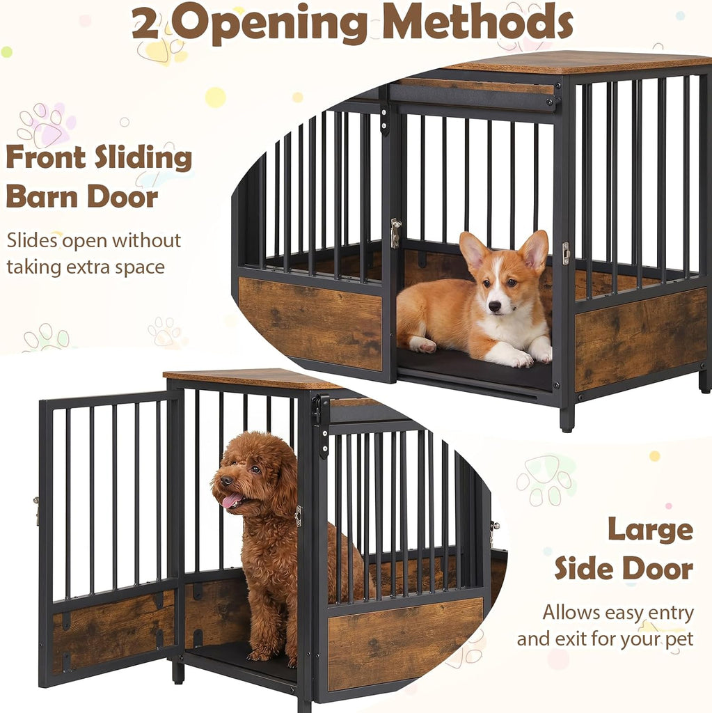 32.5" Dog Crate Furniture with Sliding Barn Door, Wooden Dog Kennel