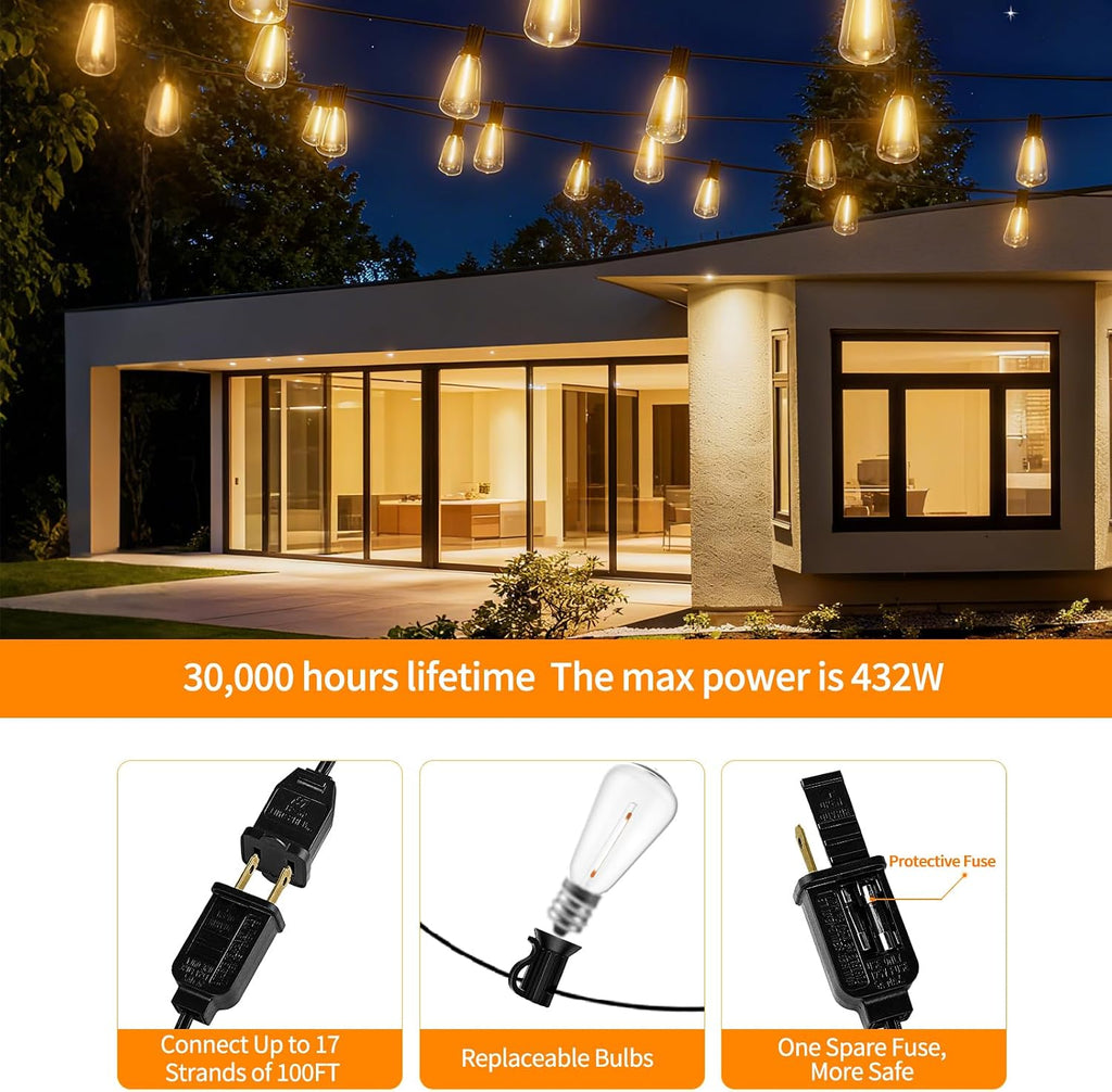200FT ST38 Outdoor String Lights with 100 1W Plastic Shatterproof Bulbs