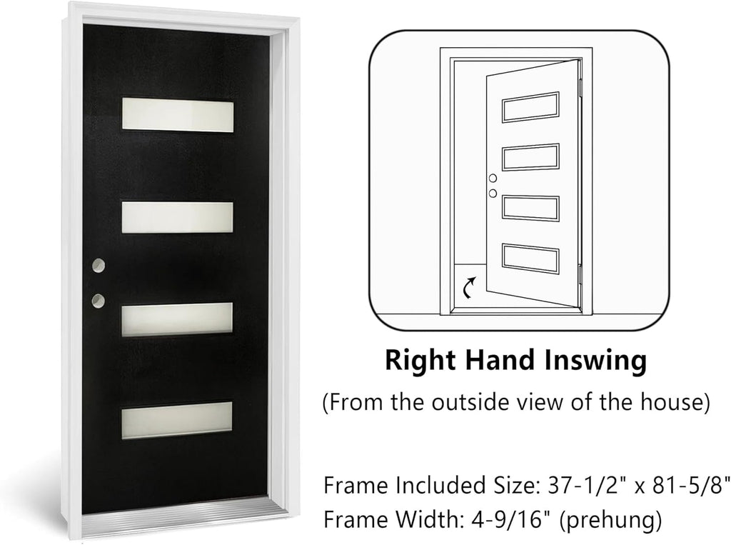 36" x 80" Fiberglass Front Entry Door, Frosted Glass, Wood Grain Black Finish, Solid Reinforced Core, Not Prehung