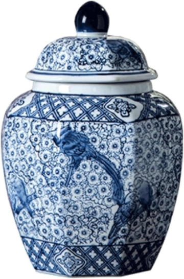 Octagonal Ceramic Ginger Jar with Lid Flower Porcelain Ginger Jars Bird Chinoiserie Decorative Jars Blue White