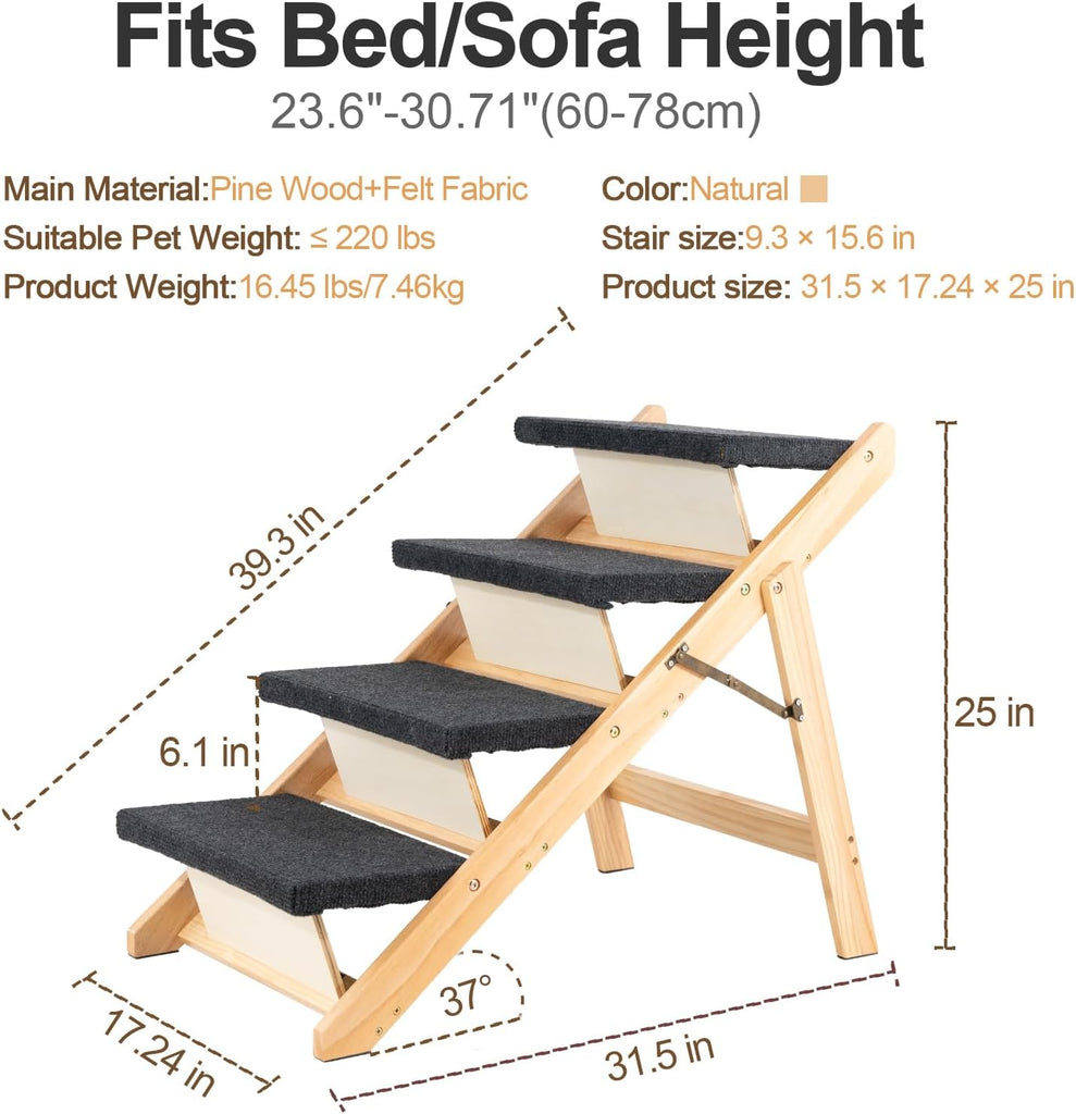 Wood Pet Stairs, 4-Step Dog Stairs for Beds, Couches & Cars, 25" H