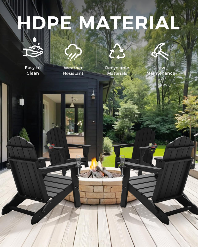 Folding Adirondack Chair, All-Weather HDPE Plastic Patio Chair with 2 Cup Holders, Wooden Textured Lawn Chair