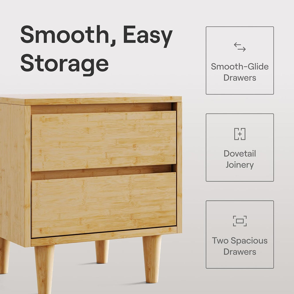 Bamboo Nightstand with Japanese Joinery, 23" Height, 2 Smooth-Gliding Dovetail Drawers, No-Tool Assembly, Natural