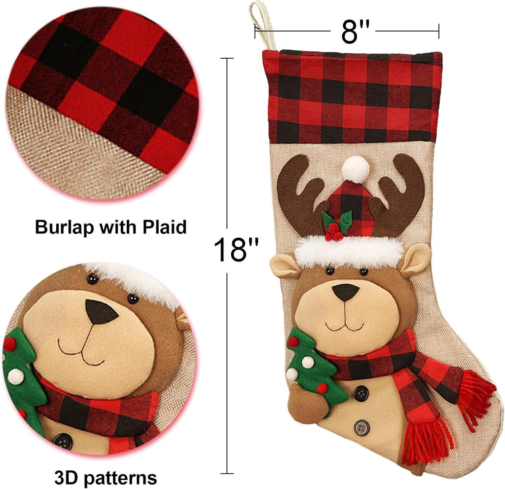 Christmas Stockings Large 18'' 3Pcs - Xmas Stocking Burlap with Plaid and Santa, Snowman, Reindeer for Family Holiday