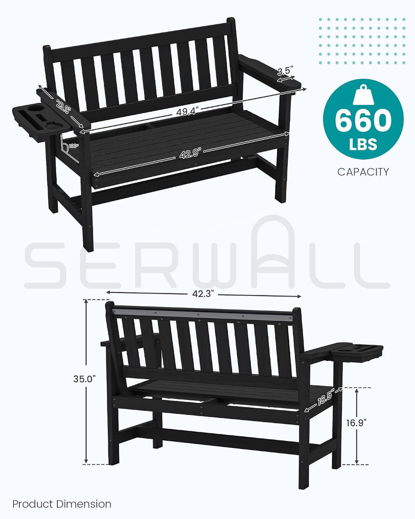 HDPE Outdoor Bench, Weatherproof Porch Bench, 1 Pack, Black | 660 lbs Weight Capacity, Suitable for 2 Person, HDPE