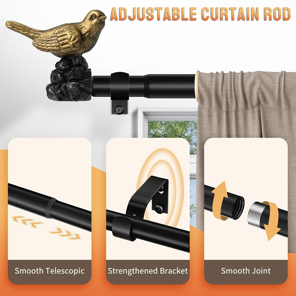 Bird Curtain Rod Black Curtain Rod with Gold Bird Finials Adjustable Heavy Duty Vintage Drapery Rod
