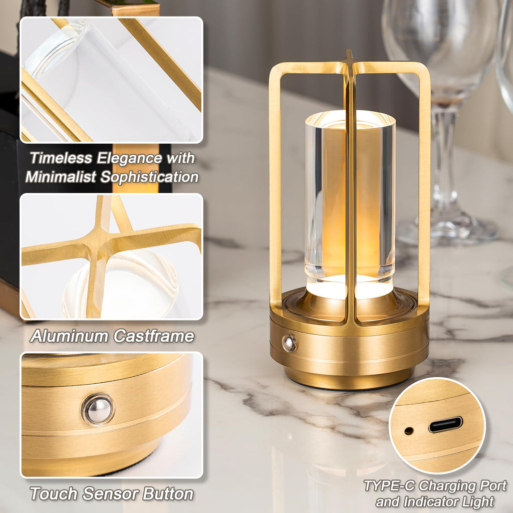 Cordless Table Lamp Rechargeable Small Crystal Lamp, Gold