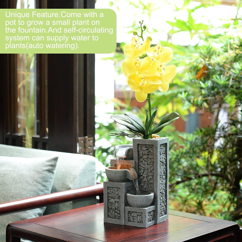 Indoor Tabletop Water Fountain - 3-Tier Resin Waterfall with LED Lights, Mini Bonsai Planter & Cascading Water Flow