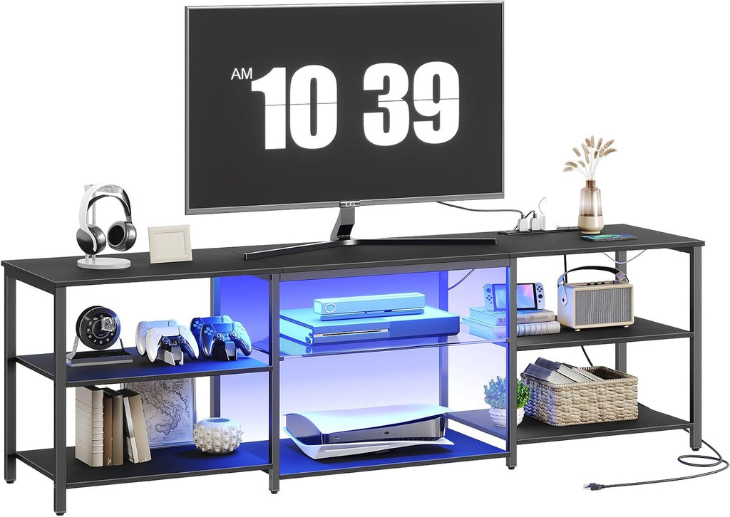 LED TV Stand for 75 Inch TVs with Charging Station, Gaming Entertainment Center with 3-Tier Open Storage, Long 70.1"