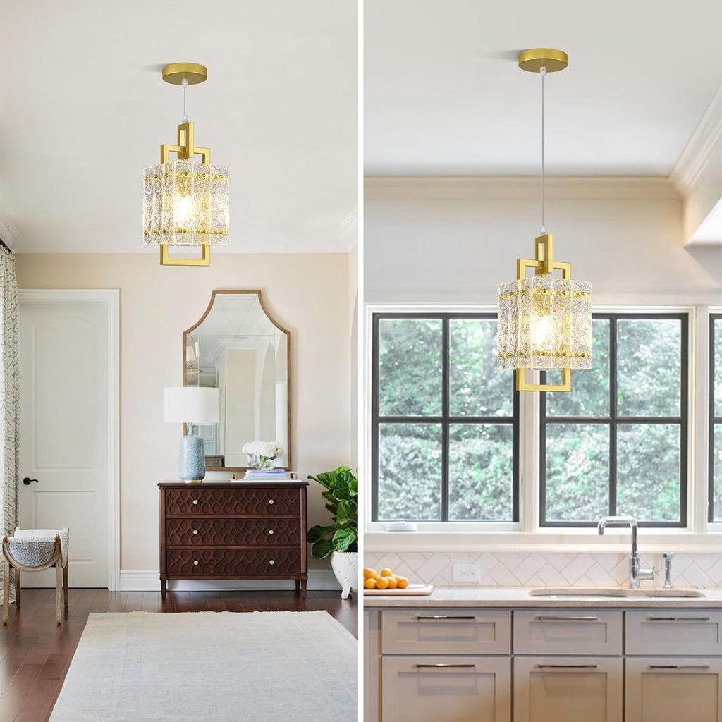 Gold Pendant Light Fixture - Modern Kitchen Island Water Ripple Glass Square Light - Adjustable Hanging Lighting for