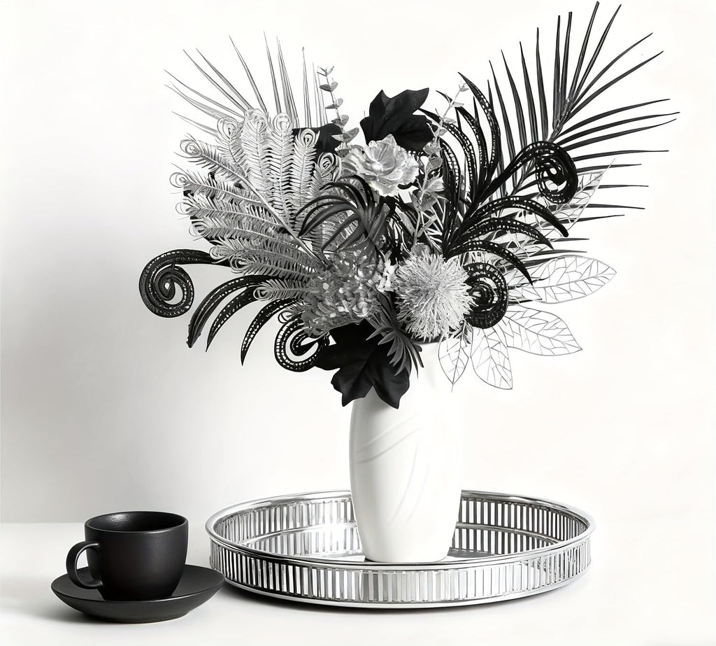 Luxurious Black Silver Artificial Flowers,17-Inch Modern Gothic Bouquet - Set of 13