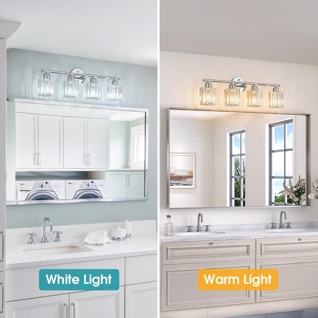 Modern 4-Light Crystal Vanity Lighting, Chrome Bathroom Light Fixture