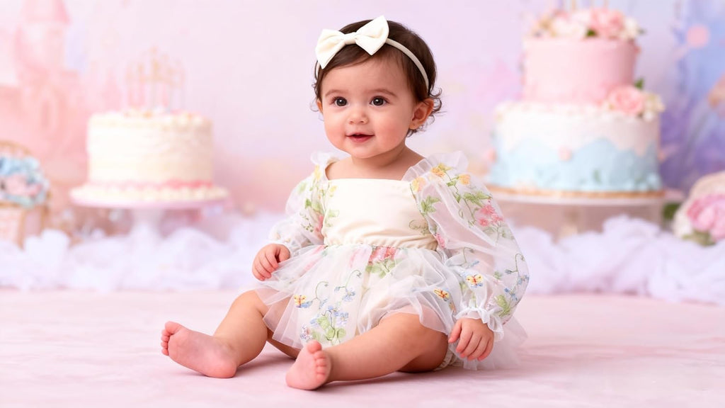 Baby Girl Romper Dress Flower Embroidery Tutu Princess Long Sleeve One-Piece Bodysuit Cake Smash Outfit