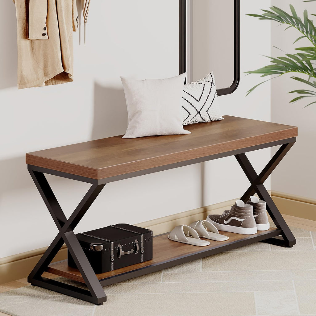 Rustic Entryway Bench with Storage, Rustic Oak Wood and Metal Bench