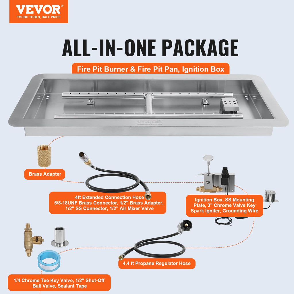 24 x 8 inch Drop-in Fire Pit Pan, Rectangular Stainless Steel Fire Pit Burner Kit, Propane Gas Fire Pan 120, 000 BTU