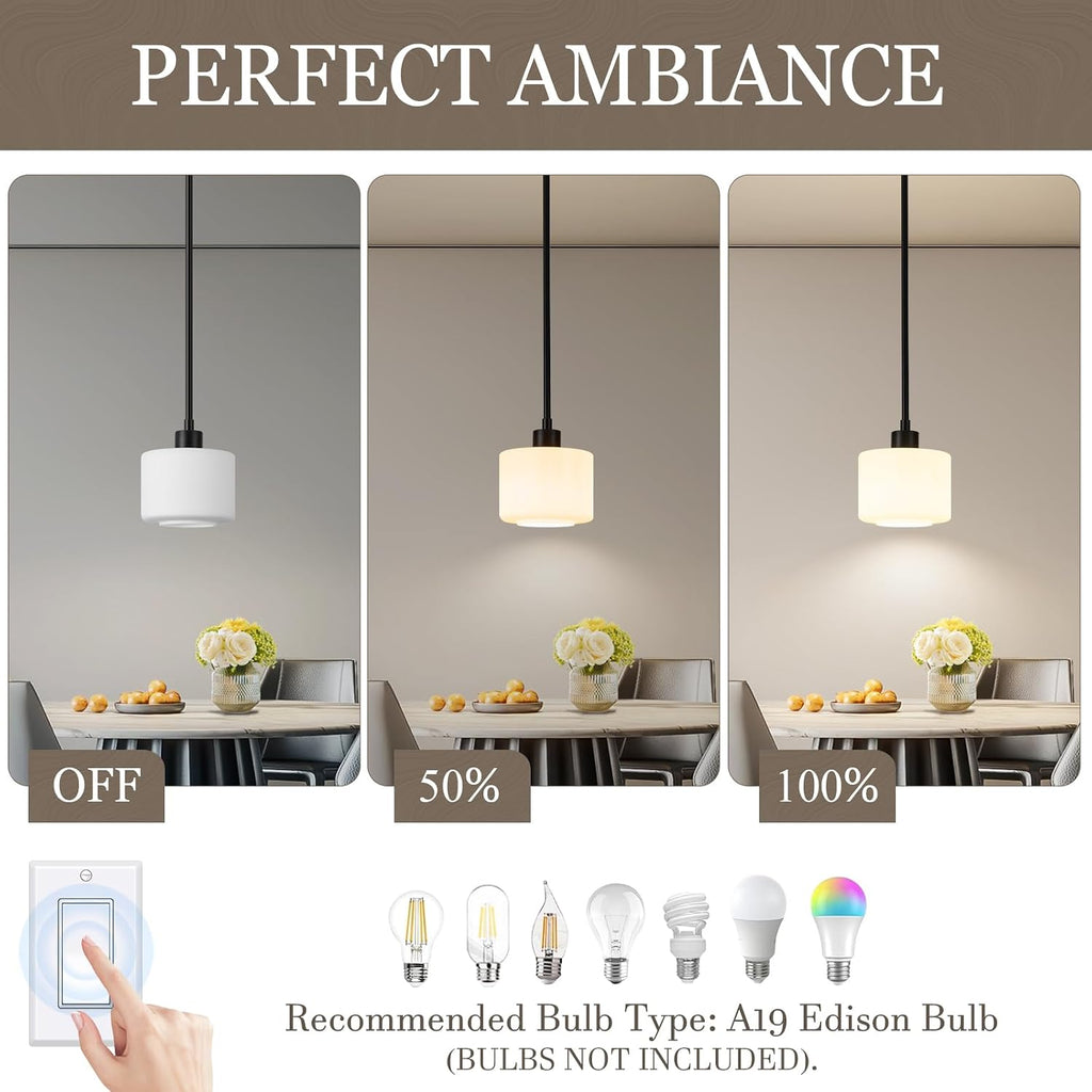 Black Pendant Lights Kitchen Island 2 Pack, Modern Milk Glass Hanging Light Fixtures with Rods, Mini Kitchen Pendant